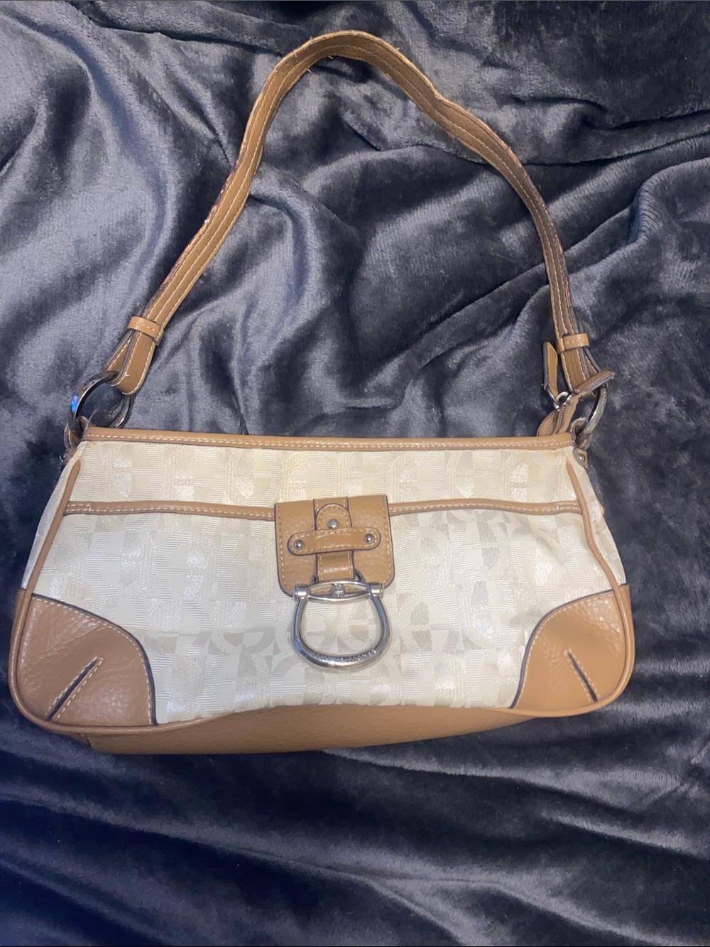 Etienne Aigner Cream and Tan Logo Shoulder Bag with Silver Ring